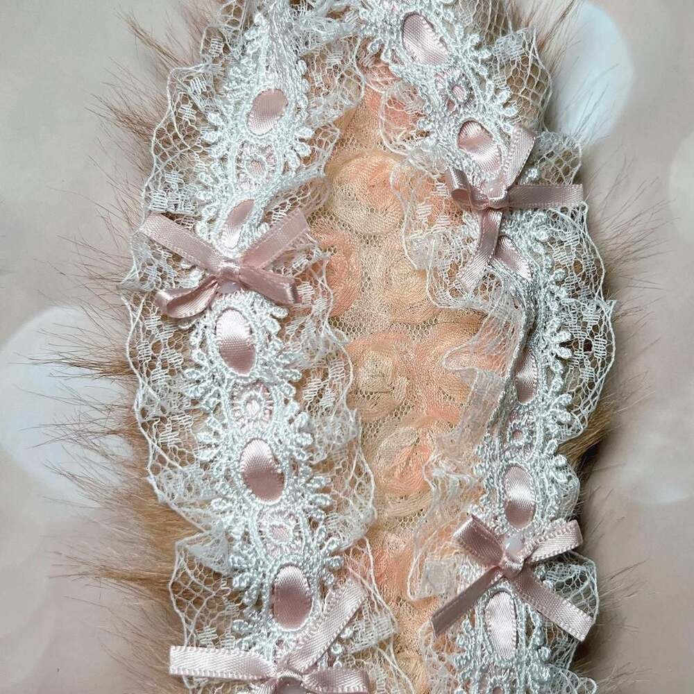 Handmade Labubu Inspired Custom Plush Keychain - Pink and Tan Lace Edition - Picture 4 of 5